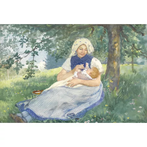 Ernst Breitenstein — Bäuerin mit Kleinkind im Schatten eines Baumes.
