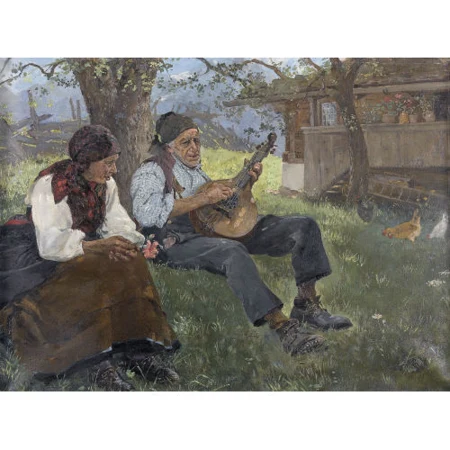 Altes musizierendes Bauernpaar unter einem Baum