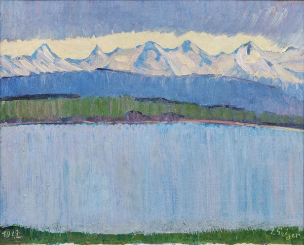 Ernst Geiger — Bielersee mit Blick auf Berner Alpen mit Eiger, Mönch und Jungfrau, 1912