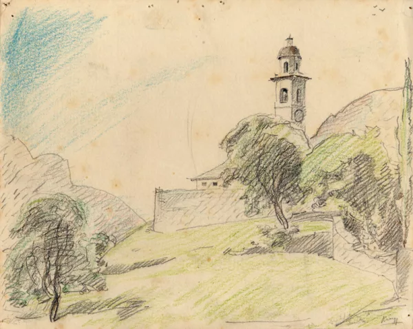 Ernst Georg Rüegg — 5 Blätter: Der Rabenhof, 1906; Allianzwappen, 1912; Haus, 1915; Ohne Titel, 1918; Kirche in der Landschaft, 1919