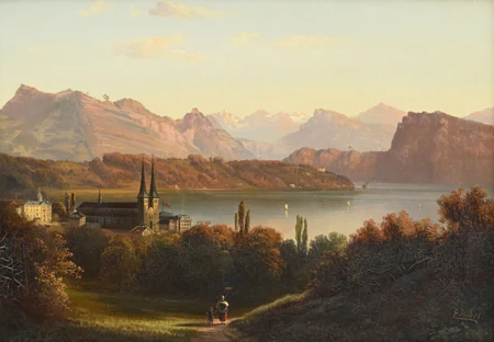 Vue animée d'une ville au bord du lac des Quatre-Cantons