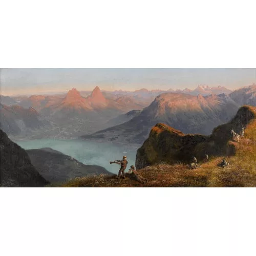 Ernst Hodel I. — Vierwaldstättersee mit Mythen im Abendrot.