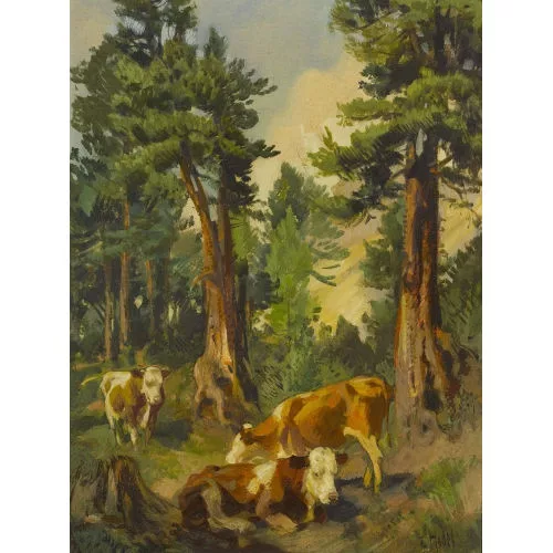 Ernst Hodel II. — Weidende Kühe auf einer Waldlichtung.