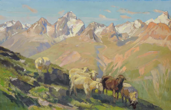 Ernst Hodel II. — Schafherde auf der Alp, vor Bergpanorama