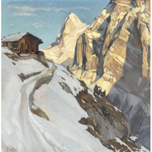 Ernst Hodel II. — Sonnige Hochgebirgspartie mit Chalet im Winter.