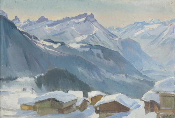 Ernst Hodel II. — Leysin et la Dent de Morcles avec vue sur les Aiguilles du Chardonnet, l’Aiguille d’Argentière, la Tour Noire, le Glacier du Trient et le Mont Dolent