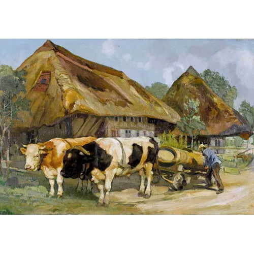 Ernst Hodel II. — Bauerngehöft mit Rindergespann.