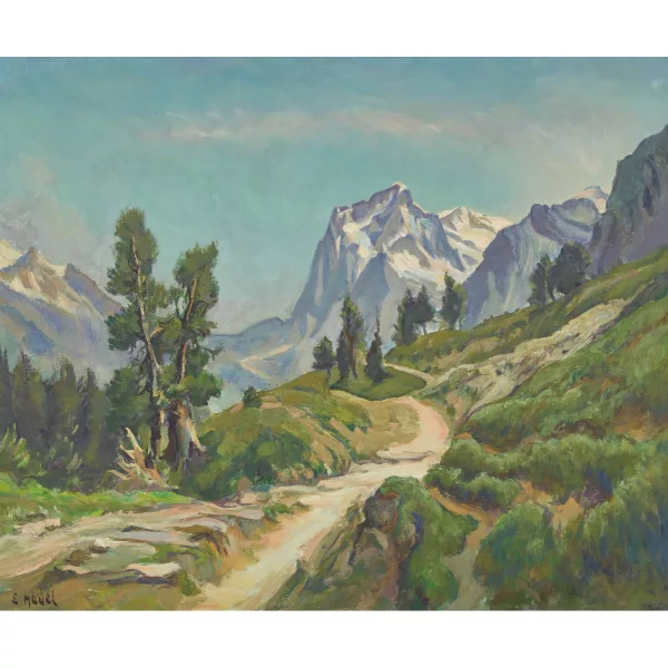 Ernst Hodel II. — Sonnige Wegpartie mit Blick auf das Wetterhorn.