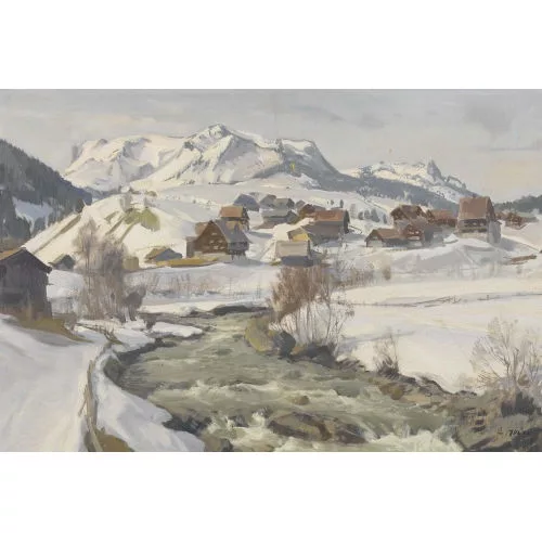 Ernst Hodel II. — Verschneite Berglandschaft mit einem Bach.