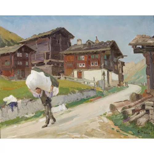 Ernst Hodel II. — Bergdorf mit beladenem Bauer.