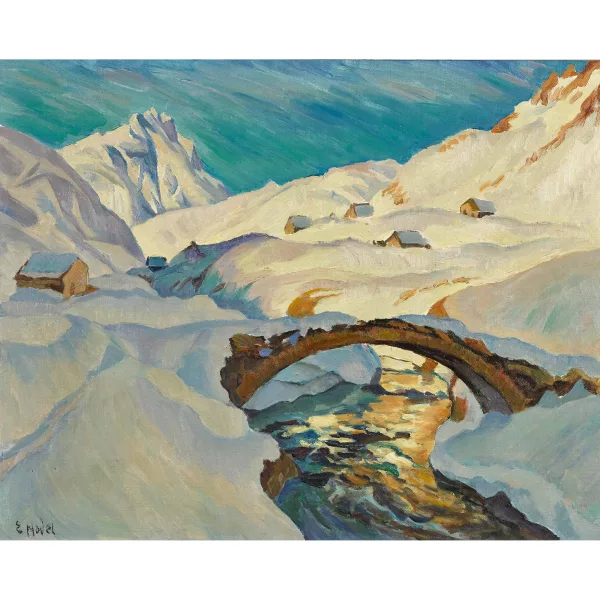 Ernst Hodel II. — Winterliche Berglandschaft mit Tendlenbrücke bei Zumdorf.