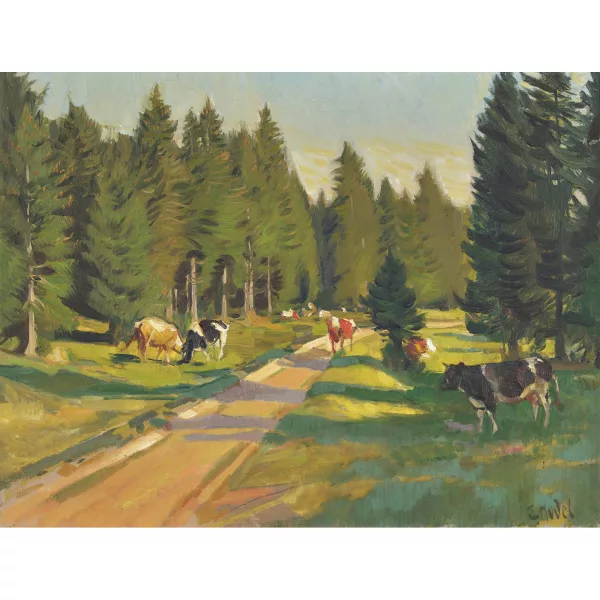 Ernst Hodel II. — Waldweg mit Kuhherde.