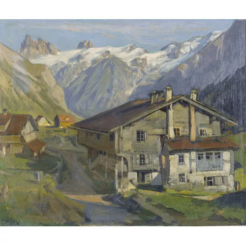 Ernst Hodel II. — Sommerliches Gebirge mit Dorf.