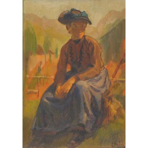 Ernst Hodel II. — Sitzende walliser Trachtenfrau vor Bergkulisse.