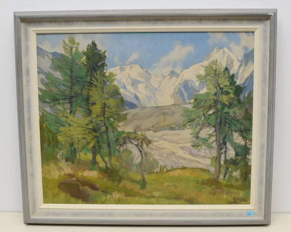 Ernst Hodel II. — Sommerliche Alplandschaft mit verschneitem Gebirgszug
