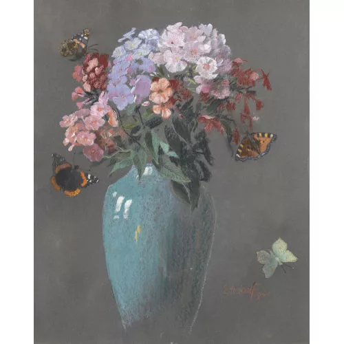 Ernst Kreidolf — Stillleben mit Clematis und Schmetterlingen.
