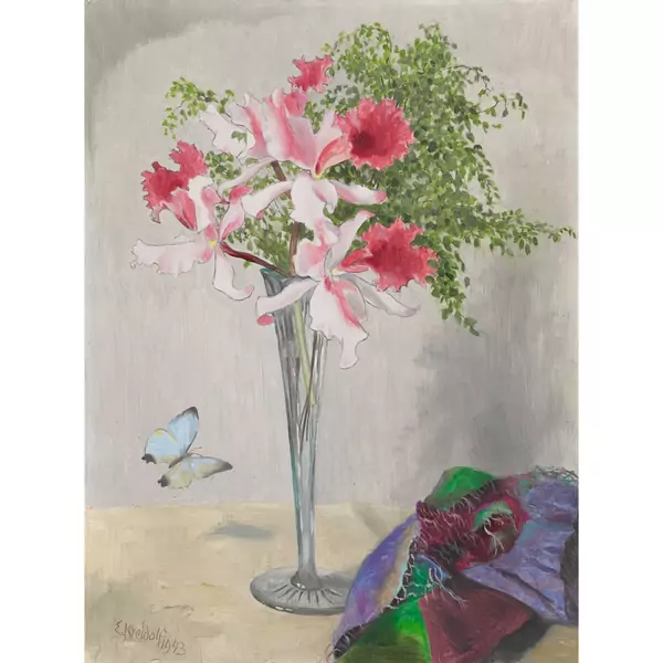 Stillleben mit Orchideen und Schmetterling