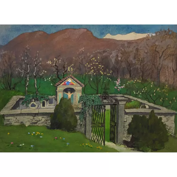Frühlingslandschaft mit kleinem Friedhof