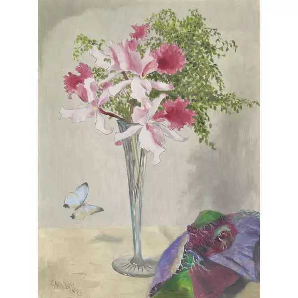 Stillleben mit Cattleya-Orchideen und Schmetterling