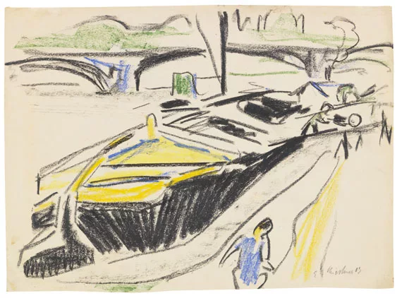 Ernst Ludwig Kirchner — Schleppkahn am Elbufer im Hintergrund die Carolabrücke