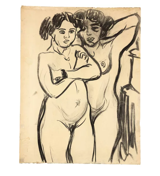 Ernst Ludwig Kirchner — Zwei stehende Frauenakte (recto) - Zwei badende Mädchen in einem Tub (verso)