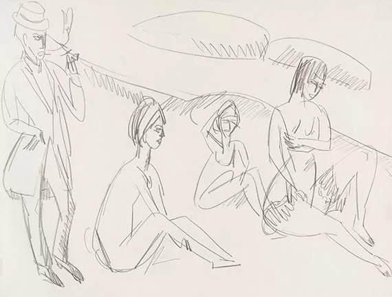 Ernst Ludwig Kirchner — Drei sitzende nackte Mädchen und Pfeife rauchender Maler am Strand