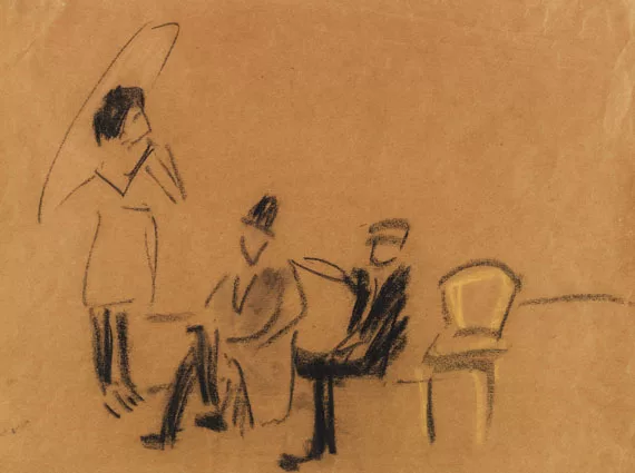 Ernst Ludwig Kirchner — Mädchen mit Sonnenschirm vor 2 sitzenden Männern