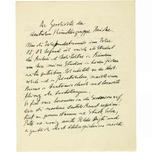 Ernst Ludwig Kirchner — Aufsatzentwurf mit dem Titel "Die Geschichte der Künstlergruppe Brücke."