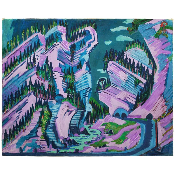 Ernst Ludwig Kirchner — Zügenstrasse The Zügen Gorge, seen upstream, at the level of the narrows between "Hoheneggen" on the left and the rocky edge "Schwabenloch" on the right, with "Landwasser", "Zügenstrasse" and the road tunnel "Schwabenloch".