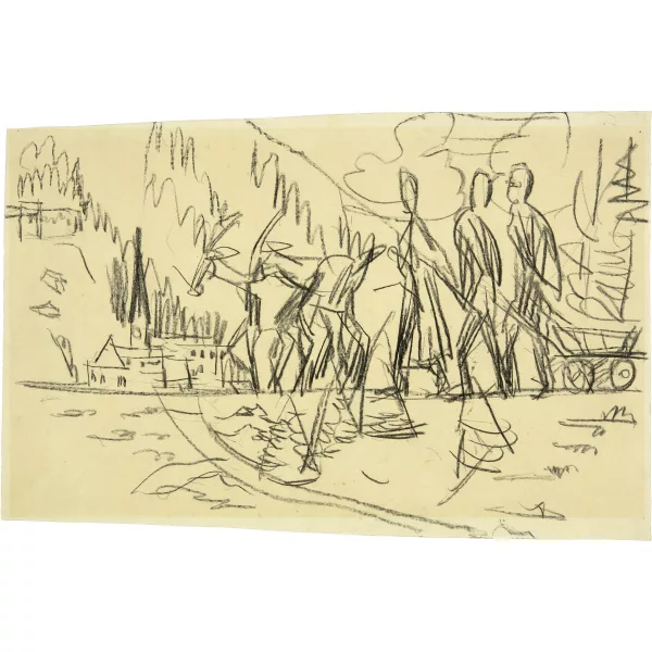 Ernst Ludwig Kirchner — Bäuerin und zwei Bauern mit Leiterwagen und zwei Ziegen, links mit Blick auf Davos und die Kirche Sankt Johann