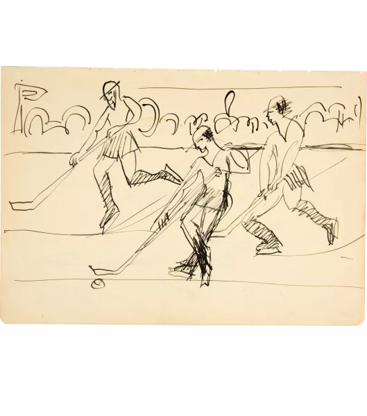 Ernst Ludwig Kirchner — Eishockeyspieler, rückseitig drei weitere Skizzen zu Eishockeyspielern