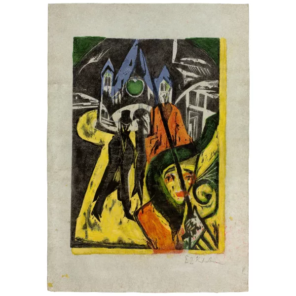 Ernst Ludwig Kirchner — Kokotte auf der Strasse – Tauentzienstrasse in Berlin, im Hintergrund die Kaiser Wilhelm Gedächtniskirche