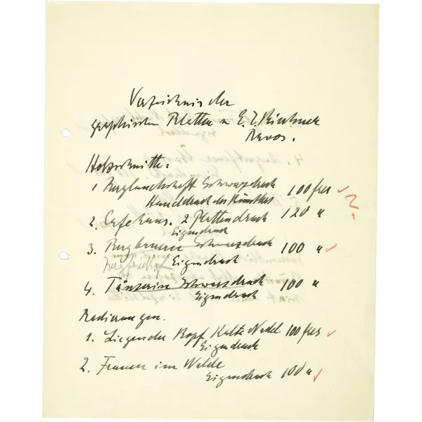 Ernst Ludwig Kirchner — Handschriftliches "Verzeichnis der graphischen Blätter von E.L. Kirchner Davos"