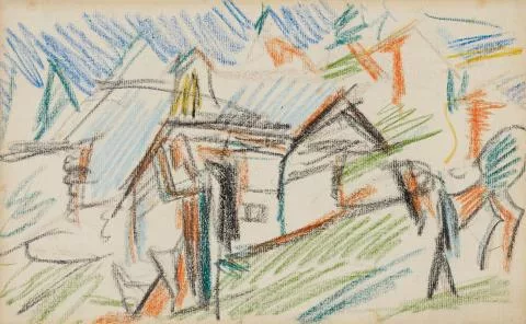 Ernst Ludwig Kirchner — Sennhütte auf der Staffelalm mit Bauer und Pferd