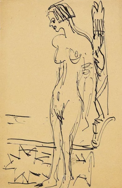 Ernst Ludwig Kirchner — Stehender Mädchenakt vor geschnitztem Pfosten