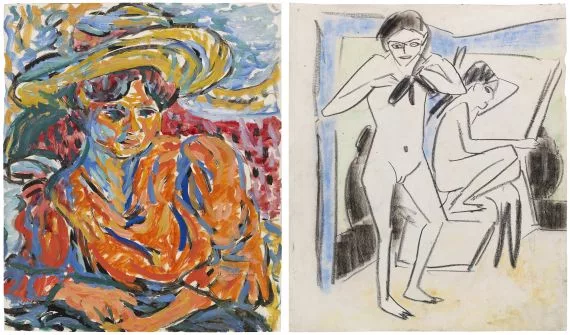 Ernst Ludwig Kirchner — Sitzende mit großem Hut, Emy Frisch / Szene im Atelier (Fränzi (Marzella) und Artistin)