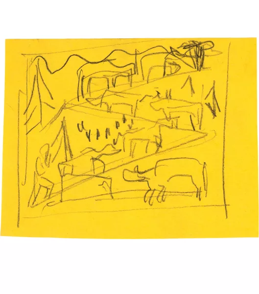 Ernst Ludwig Kirchner — Ideenskizze für ein Kissen "Alpaufzug"
