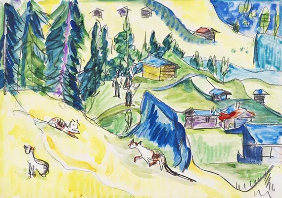 Ernst Ludwig Kirchner — Bergalp mit Hütten und Katzen