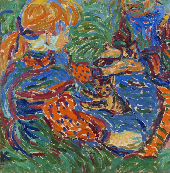 Ernst Ludwig Kirchner — Zwei mit Katzen spielende Mädchen. 1907. Frauen- und Männerkopf