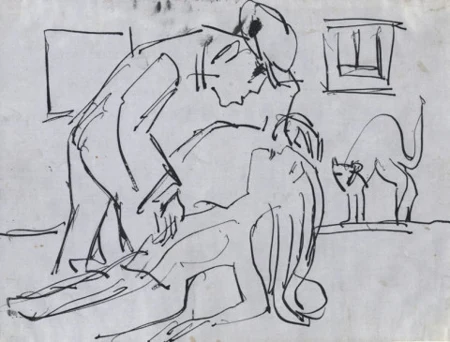 Mann, über Frau gebeugt, (Mann, Frau, Katze). Um 1921.