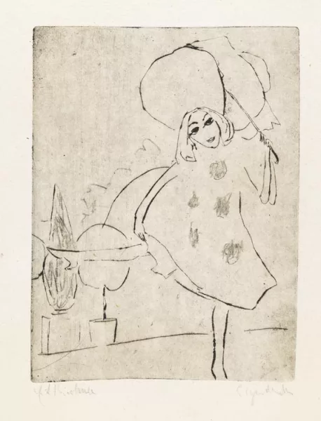 Ernst Ludwig Kirchner — Blonde Pippa in weißem Tanzkostüm mit Schirm