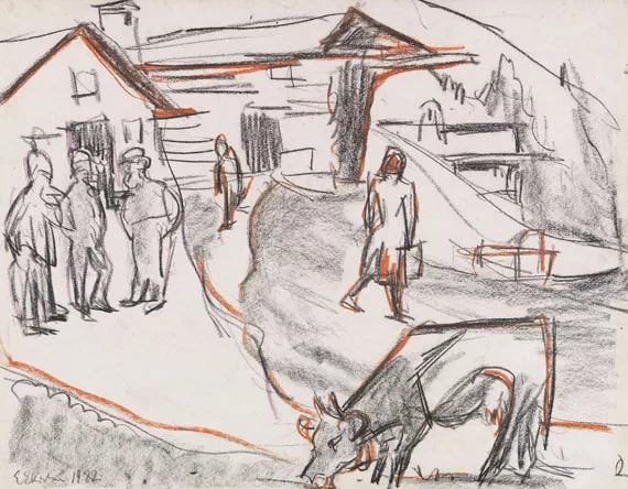 Ernst Ludwig Kirchner — Landschaft mit Personen und grasender Kuh / verso: Bauer