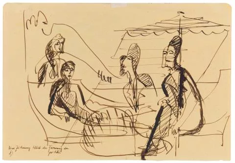 Ernst Ludwig Kirchner — Mann und Frau im Gespräch unter einem Sonnenschirm (Balkonszene). Verso: Variation derselben Szene