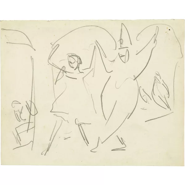 Ernst Ludwig Kirchner — 6 Blatt Zeichnungen, vermutlich aus Skizzenbuch Nr. 25: Tellerjongleur. - Chansonette. - Bartanz. - Clown und Tänzerin. - Badende. - Wannsee