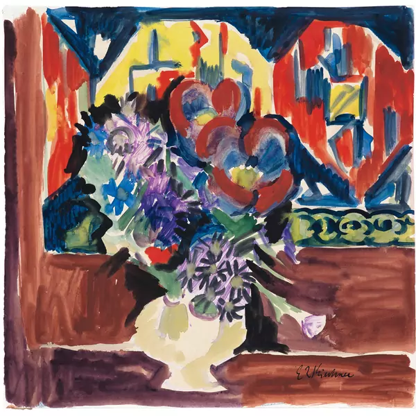 Ernst Ludwig Kirchner — Blumen in Vase im Wohnzimmer des Wildbodenhauses — Galerie Kornfeld