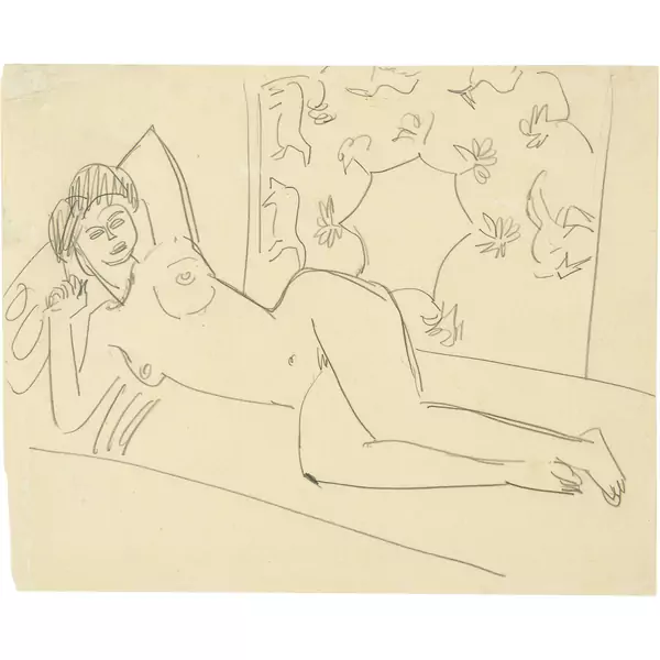 Ernst Ludwig Kirchner — Liegender Akt nach links mit dekoriertem Wandbehang — Galerie Kornfeld