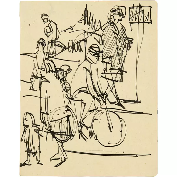 Ernst Ludwig Kirchner — Strassenszene mit Fahrradfahrer — Galerie Kornfeld