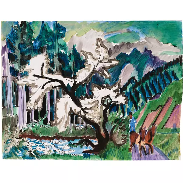 Ernst Ludwig Kirchner — Am Sertigbach, Sertigstrasse mit Pferdegespann und die Halden des Wildbodens, und mit Blick auf das Gebirge — Galerie Kornfeld