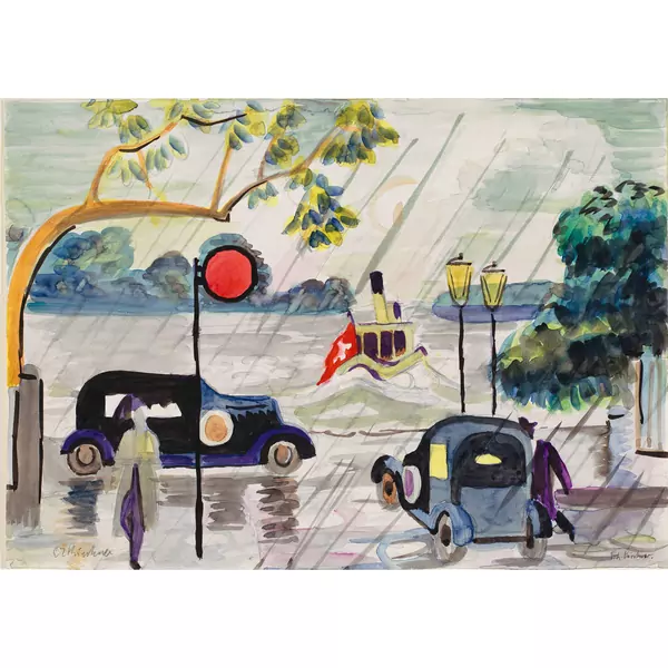 Ernst Ludwig Kirchner — Uferstrasse in Zürich mit Blick auf den See, zwei Autos, zwei Passanten und Dampfschiff — Galerie Kornfeld