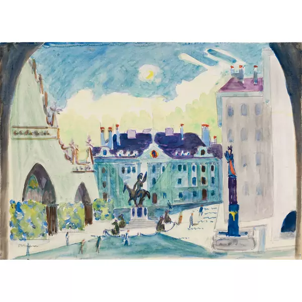 Ernst Ludwig Kirchner — Bern, Münsterplatz mit Rudolf-von-Erlach-Denkmal und Mosesbrunnen — Galerie Kornfeld
